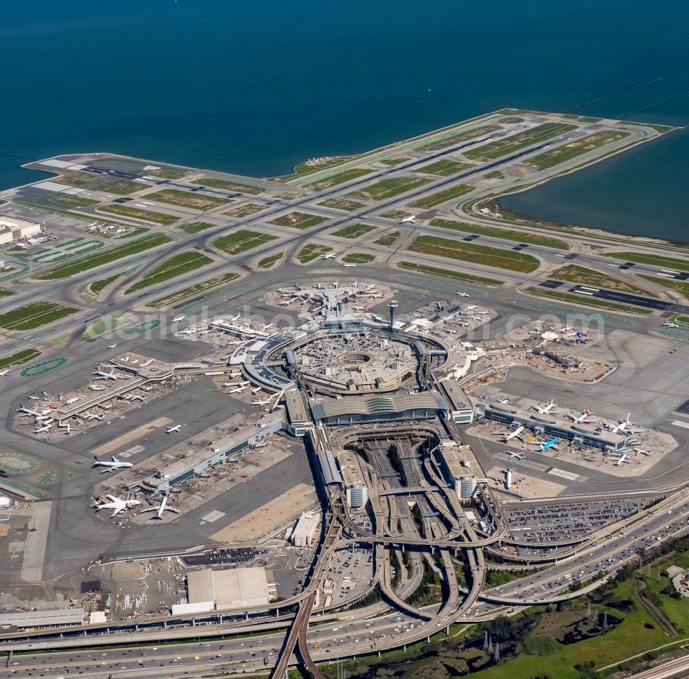 Aerial image San Francisco - Dispatch building and terminals on the premises of the airport - SFO International Terminal Main Hall in San Francisco in California - USA