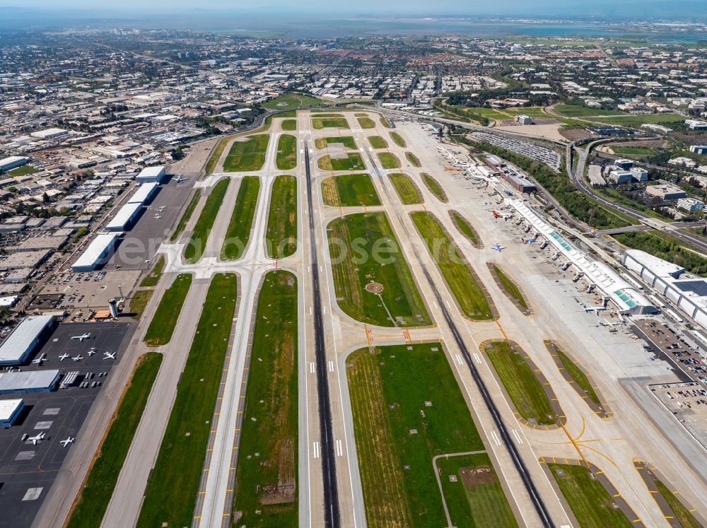 San Francisco from above - Dispatch building and terminals on the premises of the airport - SFO International Terminal Main Hall in San Francisco in USA