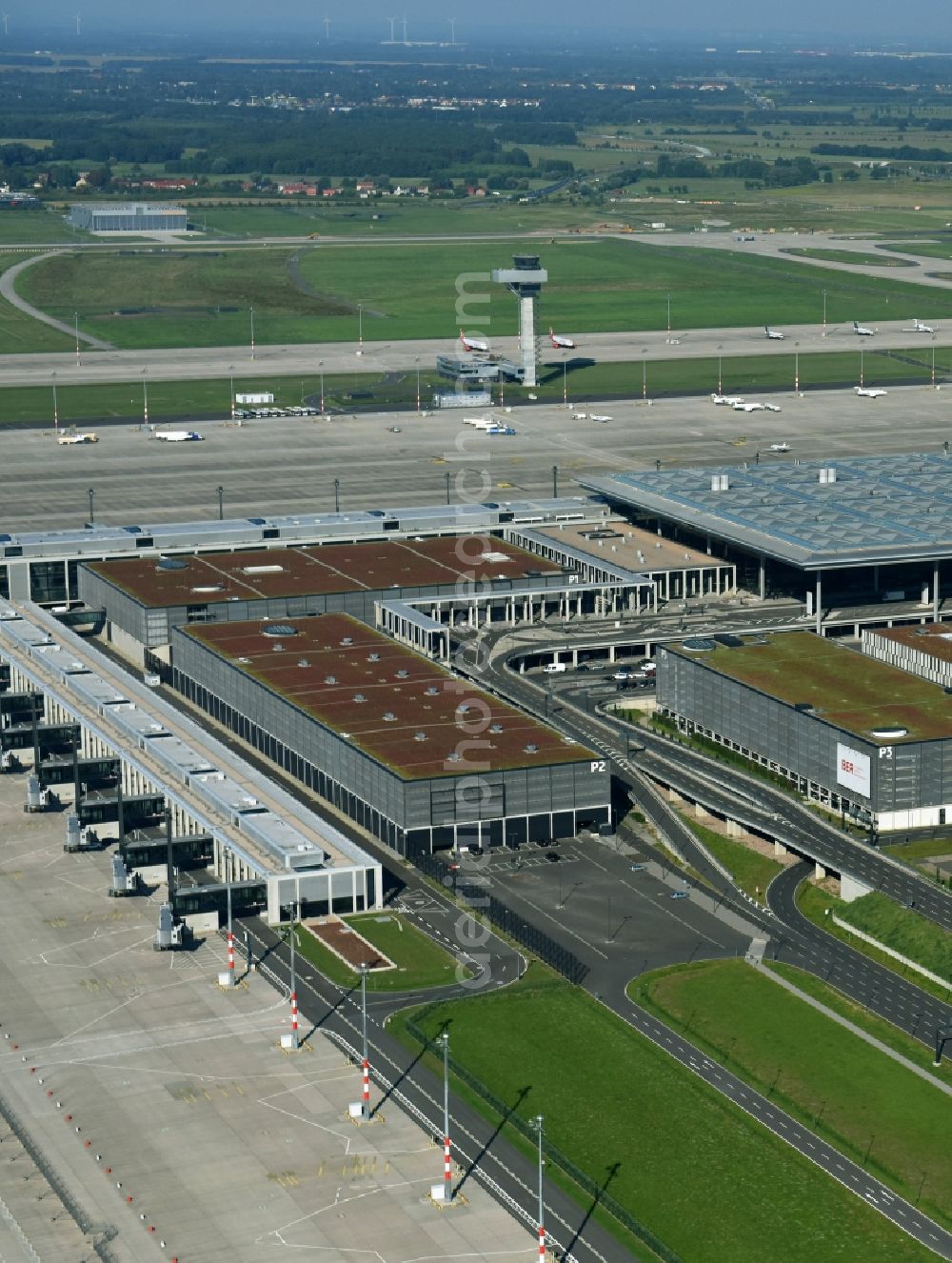 Schönefeld from above - Dispatch building and terminals on the premises of the airport BER in Schoenefeld in the state Brandenburg