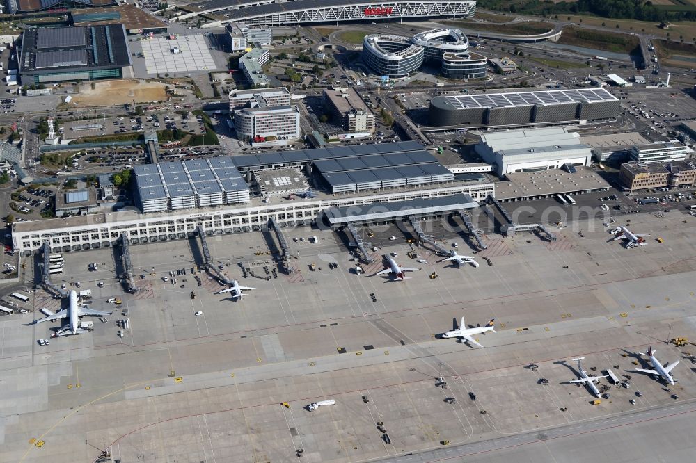 Aerial image Stuttgart - Dispatch building and terminals on the premises of the airport in Stuttgart in the state Baden-Wuerttemberg