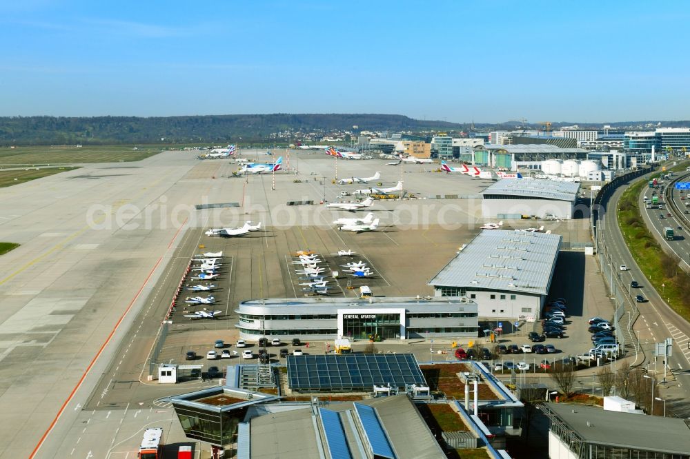 Stuttgart from above - Dispatch building and terminals on the premises of the airport on GAT General Aviation Terminal in Stuttgart in the state Baden-Wurttemberg, Germany