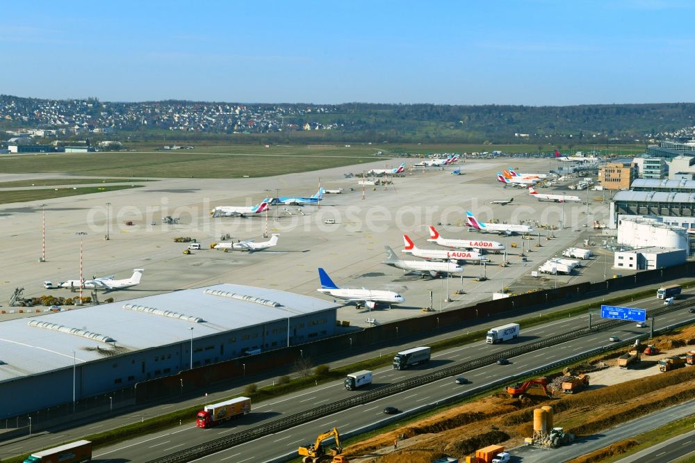 Stuttgart from above - Dispatch building and terminals on the premises of the airport in Stuttgart in the state Baden-Wurttemberg, Germany