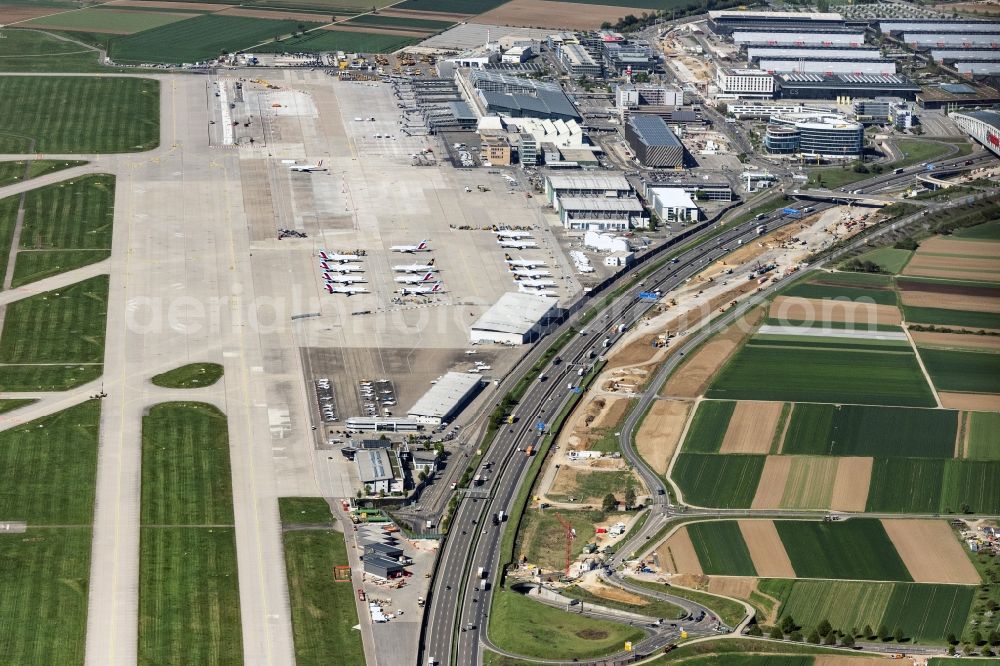 Stuttgart from above - Dispatch building and terminals on the premises of the airport in Stuttgart in the state Baden-Wurttemberg, Germany