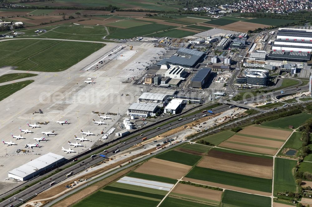 Aerial image Stuttgart - Dispatch building and terminals on the premises of the airport in Stuttgart in the state Baden-Wurttemberg, Germany