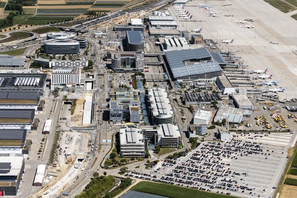 Stuttgart from the bird's eye view: Dispatch building and terminals on the premises of the airport in Stuttgart in the state Baden-Wurttemberg, Germany