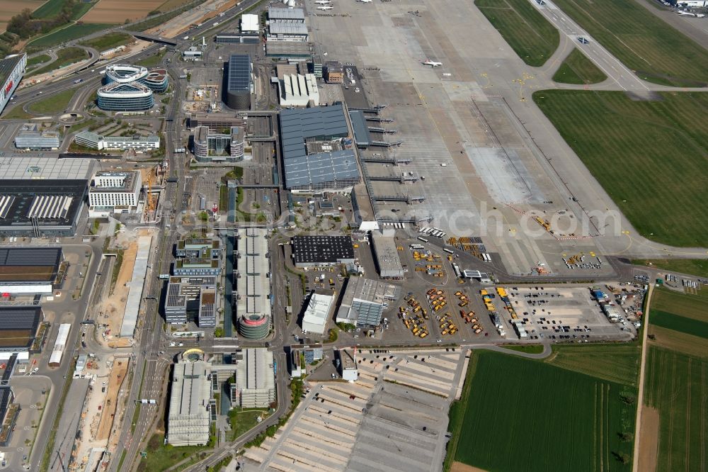 Aerial image Stuttgart - Dispatch building and terminals on the premises of the airport in Stuttgart in the state Baden-Wuerttemberg, Germany