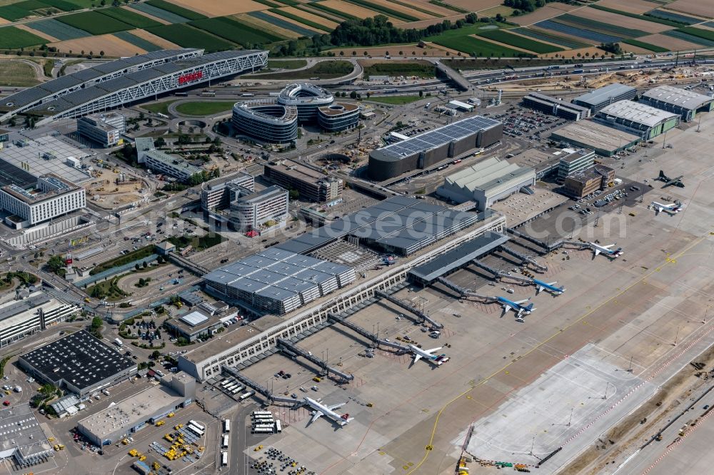 Leinfelden-Echterdingen from above - Dispatch building and terminals on the premises of the airport Stuttgart in Leinfelden-Echterdingen in the state Baden-Wuerttemberg, Germany