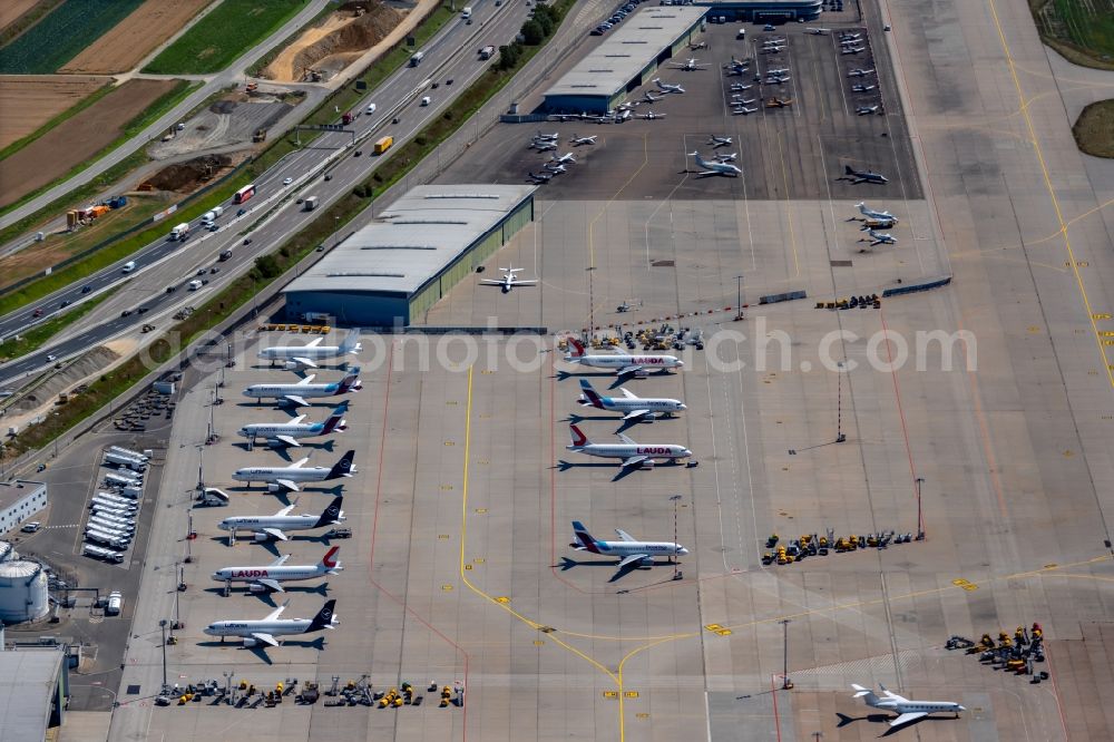 Leinfelden-Echterdingen from above - Dispatch building and terminals on the premises of the airport Stuttgart in Leinfelden-Echterdingen in the state Baden-Wuerttemberg, Germany