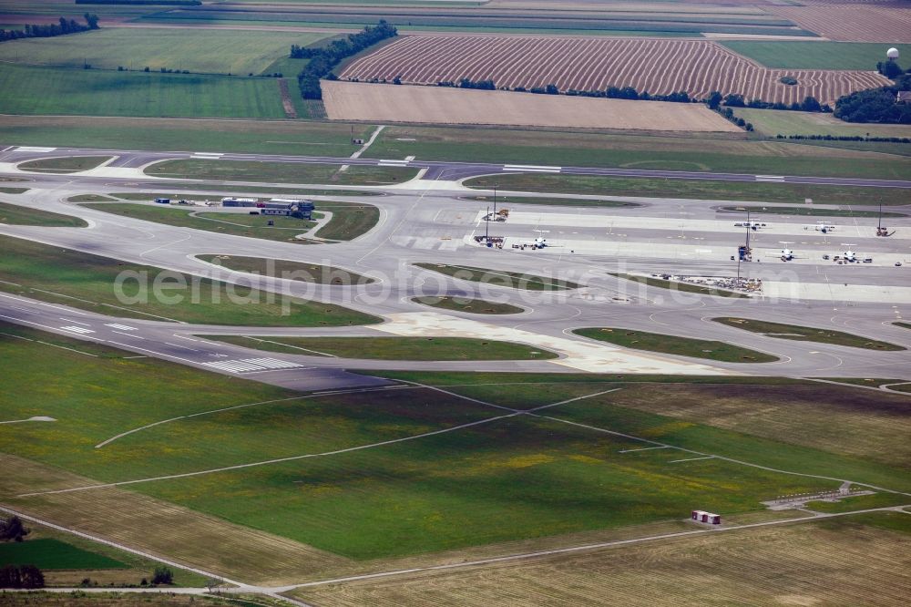 Aerial image Wien - Dispatch building and terminals on the premises of the airport Schwechat in Vienna in Lower Austria, Austria