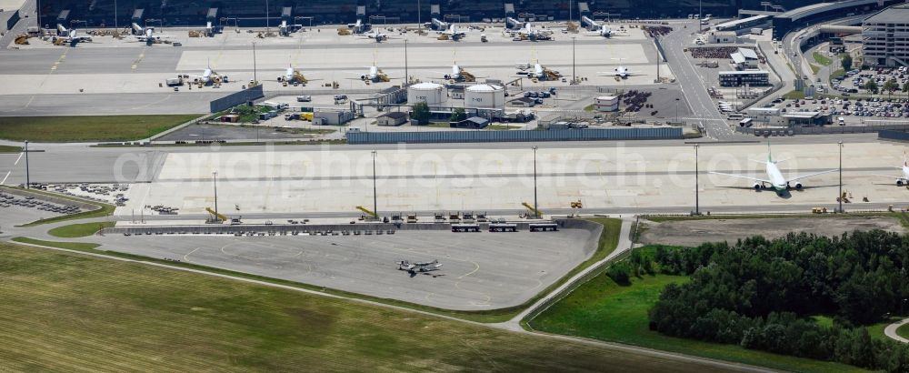 Aerial image Wien - Dispatch building and terminals on the premises of the airport Schwechat in Vienna in Lower Austria, Austria