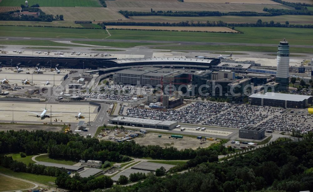 Aerial image Wien - Dispatch building and terminals on the premises of the airport Schwechat in Vienna in Lower Austria, Austria