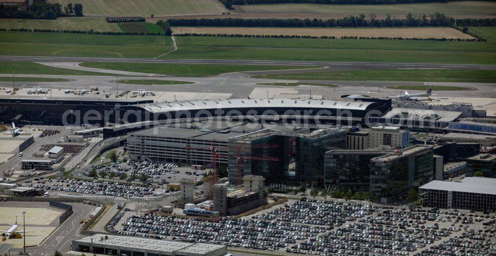 Wien from above - Dispatch building and terminals on the premises of the airport Schwechat in Vienna in Lower Austria, Austria