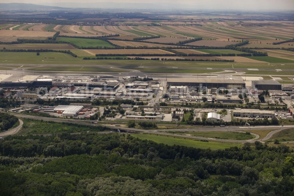 Aerial image Wien - Dispatch building and terminals on the premises of the airport Schwechat in Vienna in Lower Austria, Austria