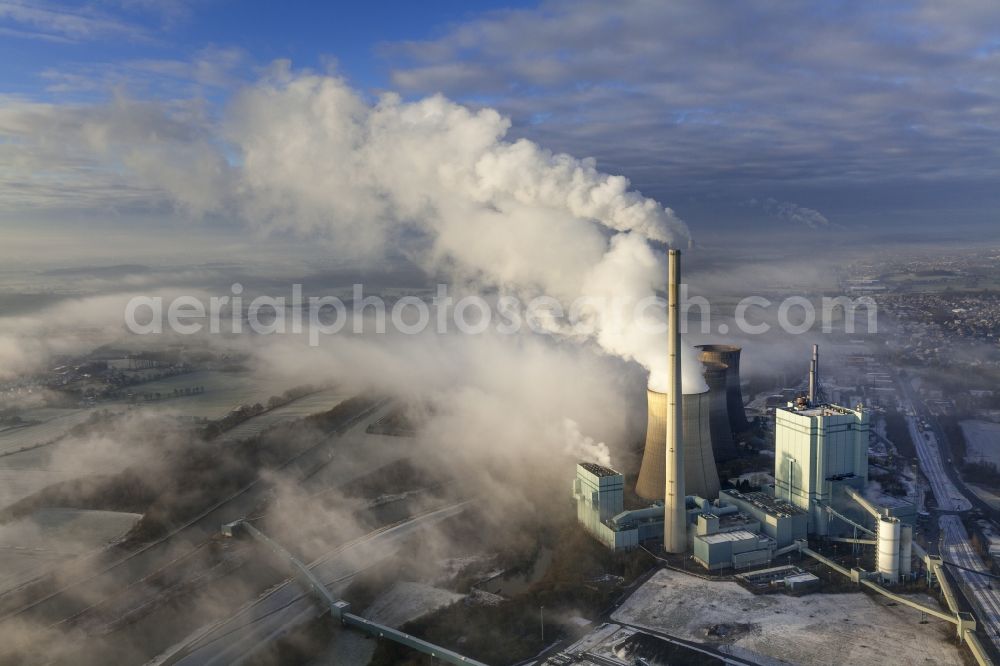 Werne from above - Exhaust gas clouds of coal-fired power plant RWE Power Gersteinwerk in Werne in North Rhine-Westphalia