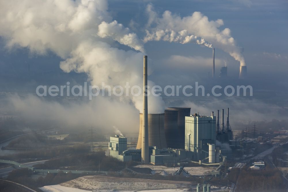 Werne from above - Exhaust gas clouds of coal-fired power plant RWE Power Gersteinwerk in Werne in North Rhine-Westphalia