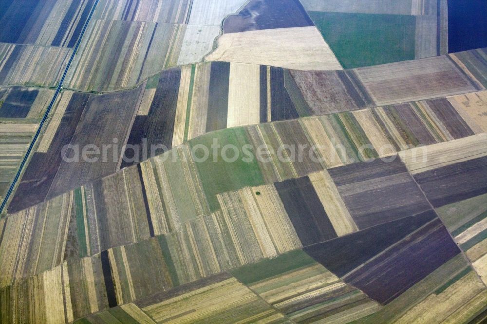 Posta Calnau from above - View of harvested fields near Posta Calnau in the district / Judetul Buzau in the region Wallachai / Muntenia in Romania