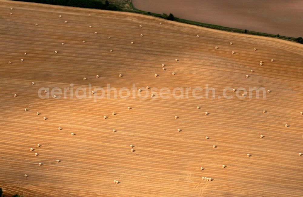 Aerial photograph Lengefeld - Harvested fields with straw bales in Lengefeld in Thuringia