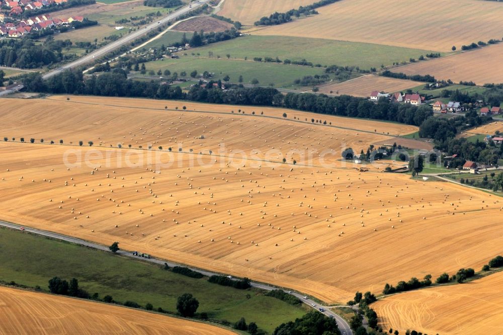 Lengefeld from above - Harvested fields with straw bales in Lengefeld in Thuringia