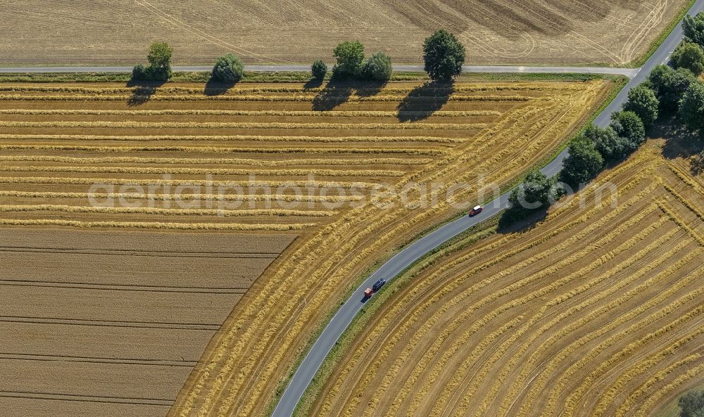 Eineckerholsen from the bird's eye view: Field structures of a harvested grain field in Eineckerholsen at Ruhrgebiet in the state North Rhine-Westphalia, Germany