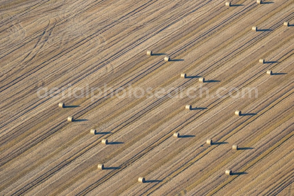 Lünen from the bird's eye view: Field structures of a harvested grain field in Luenen in the state North Rhine-Westphalia, Germany