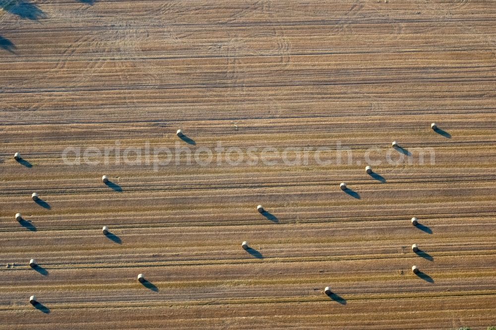 Lünen from the bird's eye view: Field structures of a harvested grain field in Luenen in the state North Rhine-Westphalia, Germany