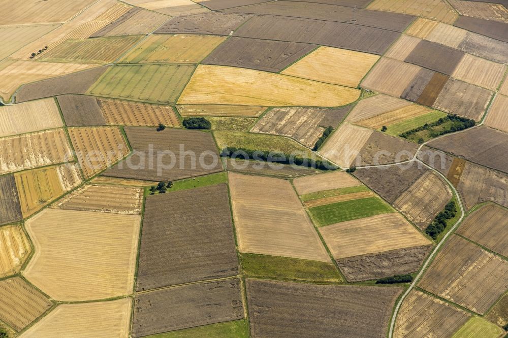 Rückershausen, Aarbergen from the bird's eye view: Field structures of a harvested grain field in Rueckershausen, Aarbergen in the state Hesse