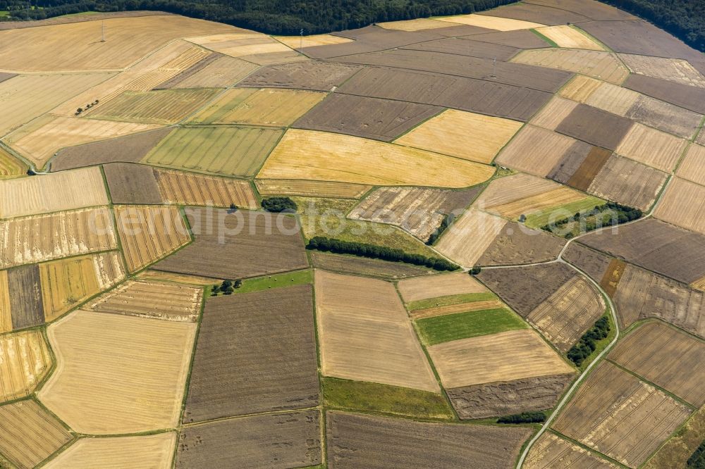 Aerial image Rückershausen, Aarbergen - Field structures of a harvested grain field in Rueckershausen, Aarbergen in the state Hesse