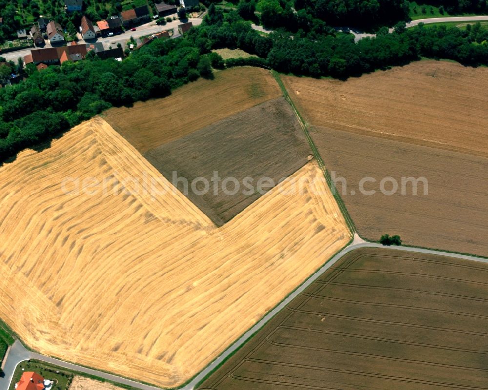 Aerial image Widdern - Field structures of a harvested grain field in Widdern in the state Baden-Wuerttemberg, Germany