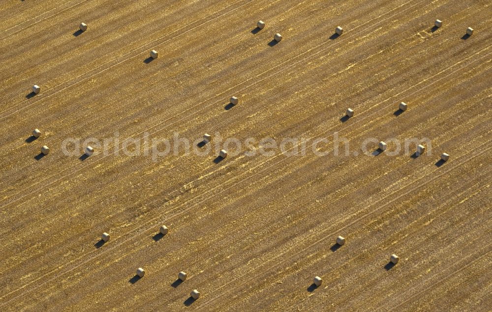 Emmerich from above - Harvested grain field with straw bales near Emmerich in North Rhine-Westphalia