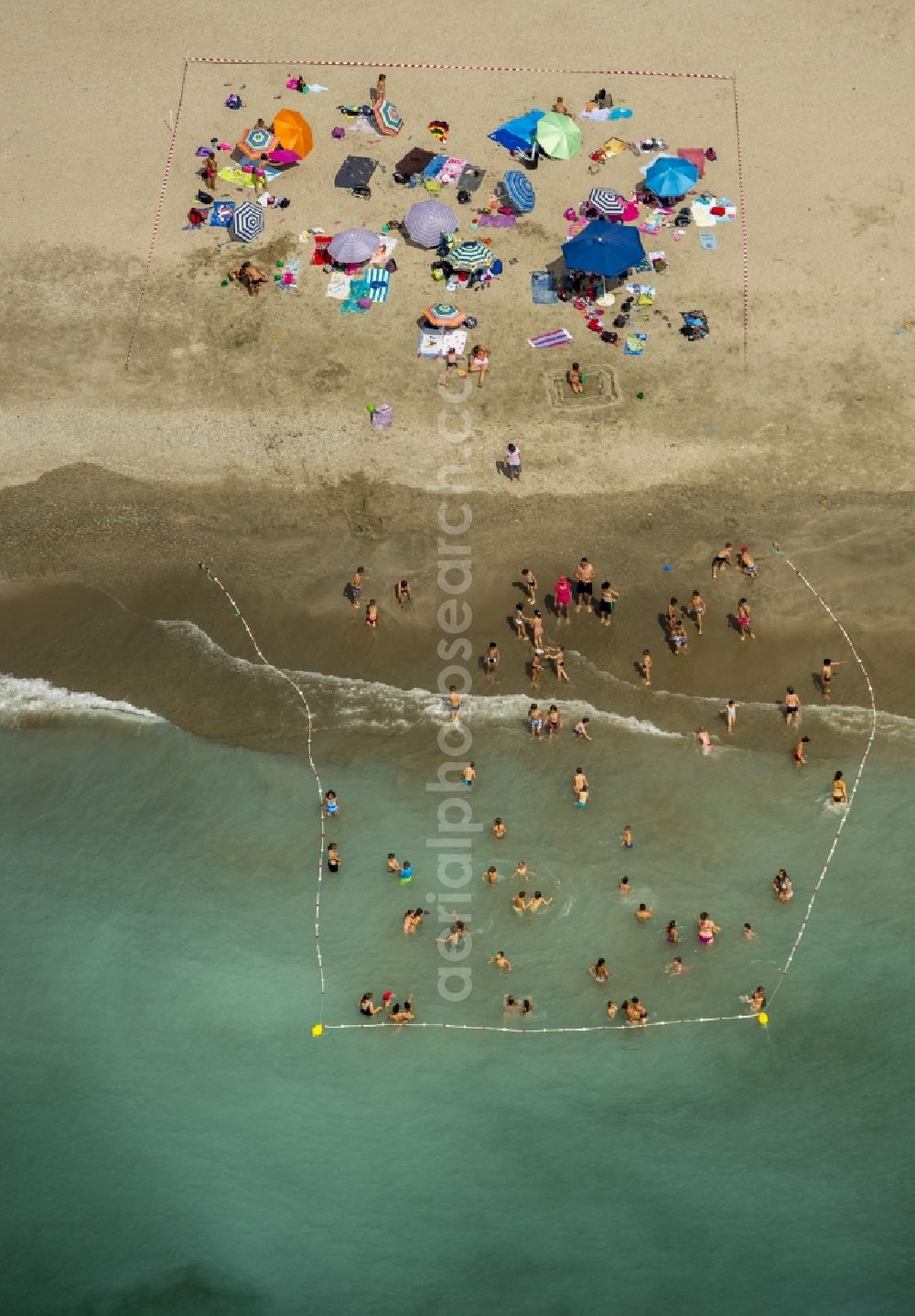 Frontignan from the bird's eye view: Blocked children and non-swimmers aerea on the beach in Frontignan in France