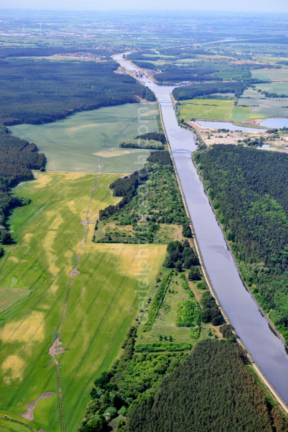 Niegripp from above - Deposition surfaces near by the Niegripp-Detershagen bridge over the Elbe-Havel-Canel in the state Saxony-Anhalt