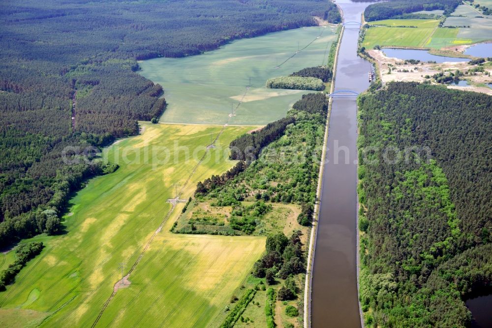 Niegripp from the bird's eye view: Deposition surfaces near by the Niegripp-Detershagen bridge over the Elbe-Havel-Canel in the state Saxony-Anhalt