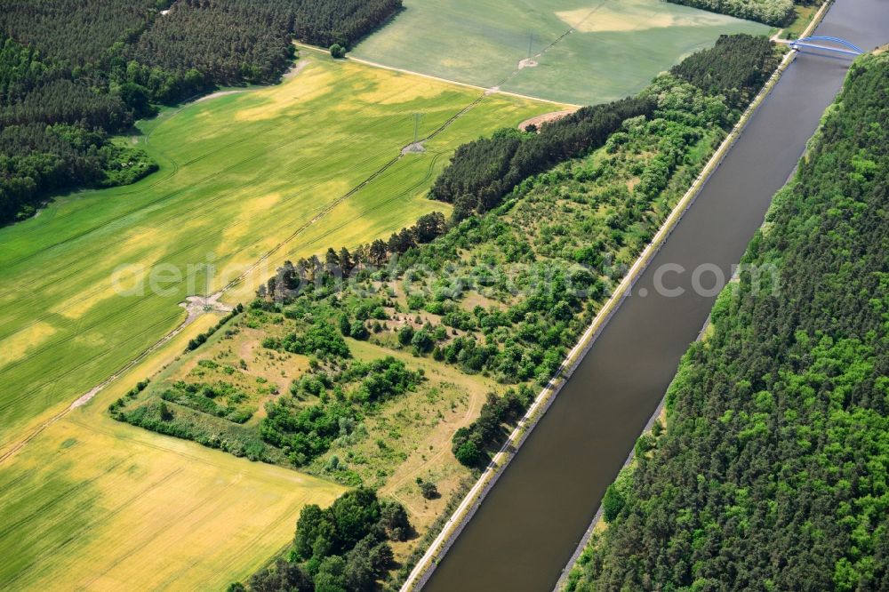 Aerial photograph Niegripp - Deposition surfaces near by the Niegripp-Detershagen bridge over the Elbe-Havel-Canel in the state Saxony-Anhalt