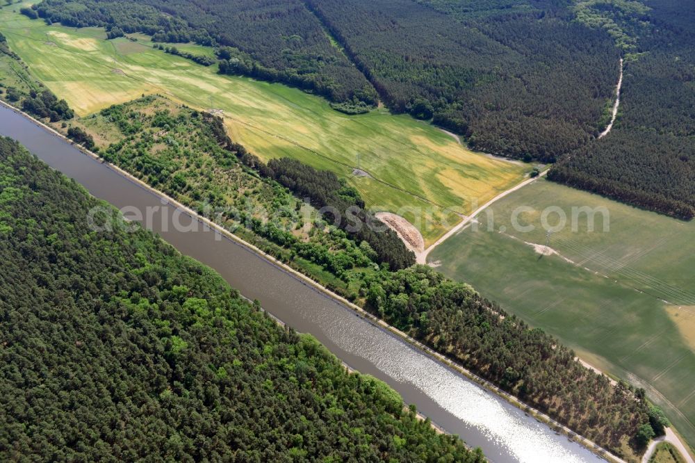 Aerial photograph Niegripp - Deposition surfaces near by the Niegripp-Detershagen bridge over the Elbe-Havel-Canel in the state Saxony-Anhalt