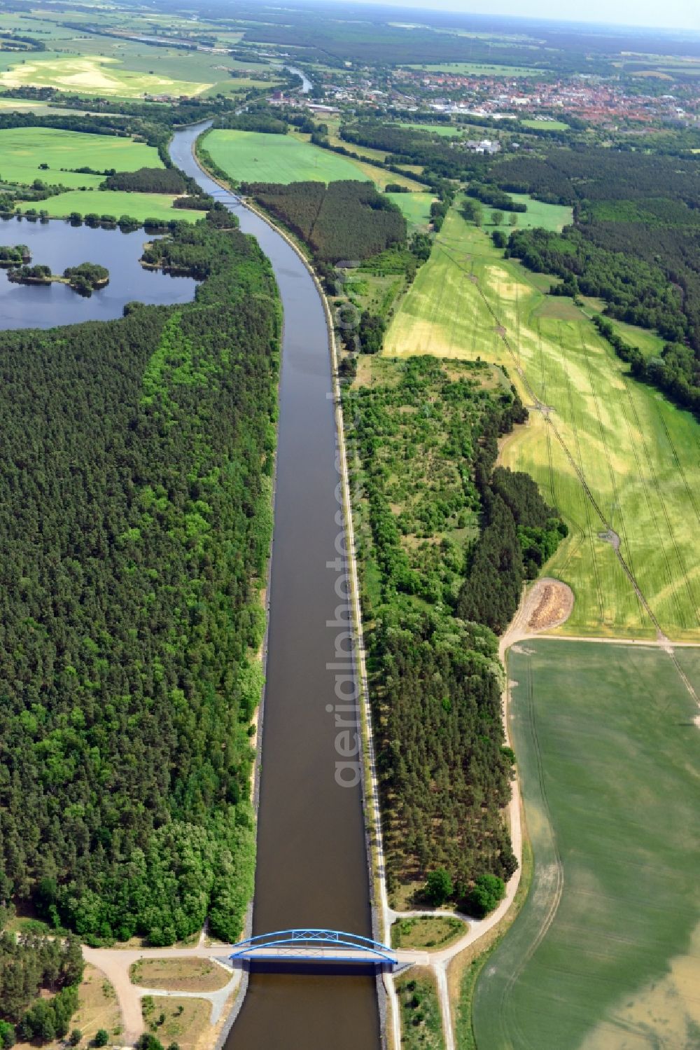 Niegripp from above - Deposition surfaces near by the Niegripp-Detershagen bridge over the Elbe-Havel-Canel in the state Saxony-Anhalt