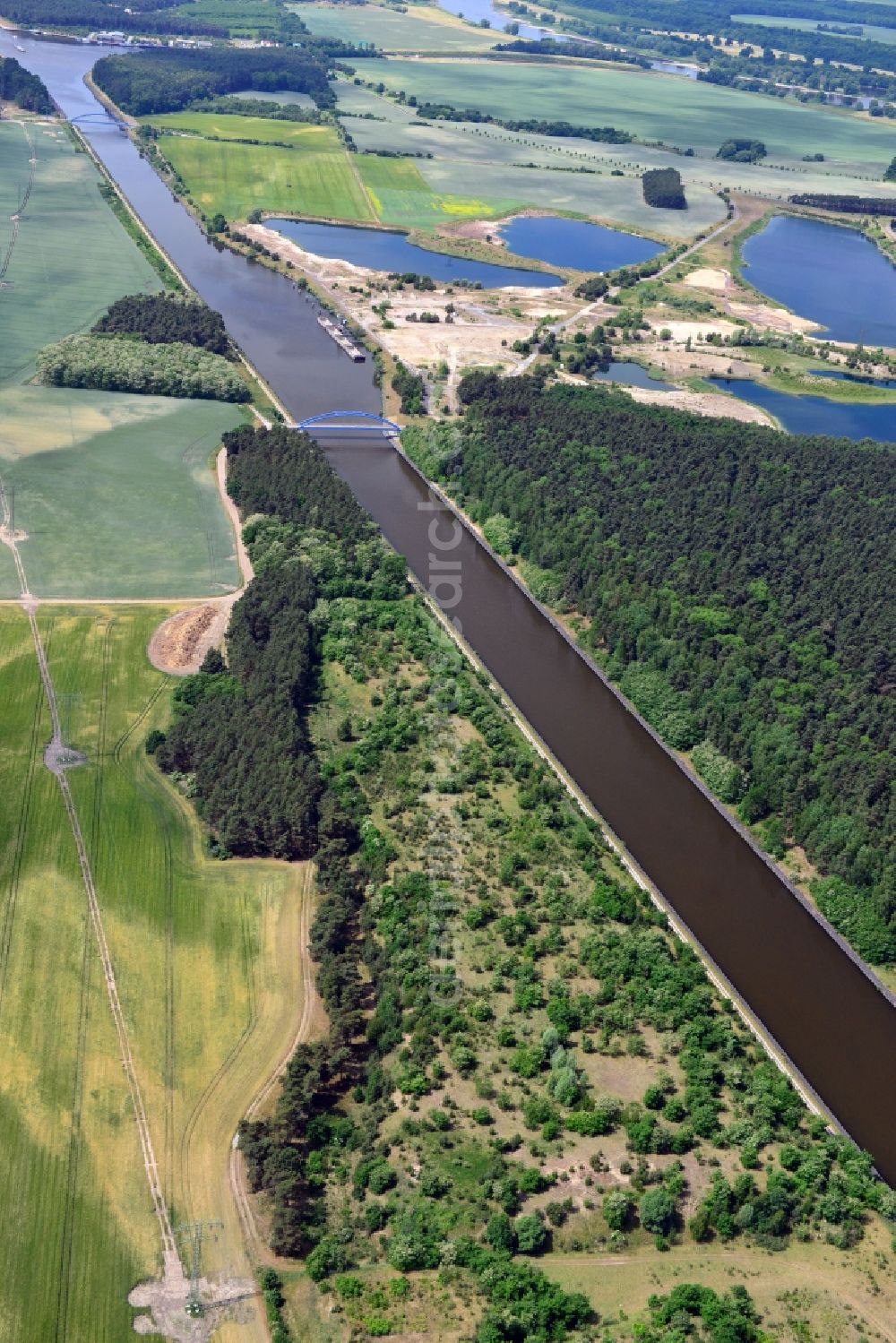 Aerial photograph Niegripp - Deposition surfaces near by the Niegripp-Detershagen bridge over the Elbe-Havel-Canel in the state Saxony-Anhalt