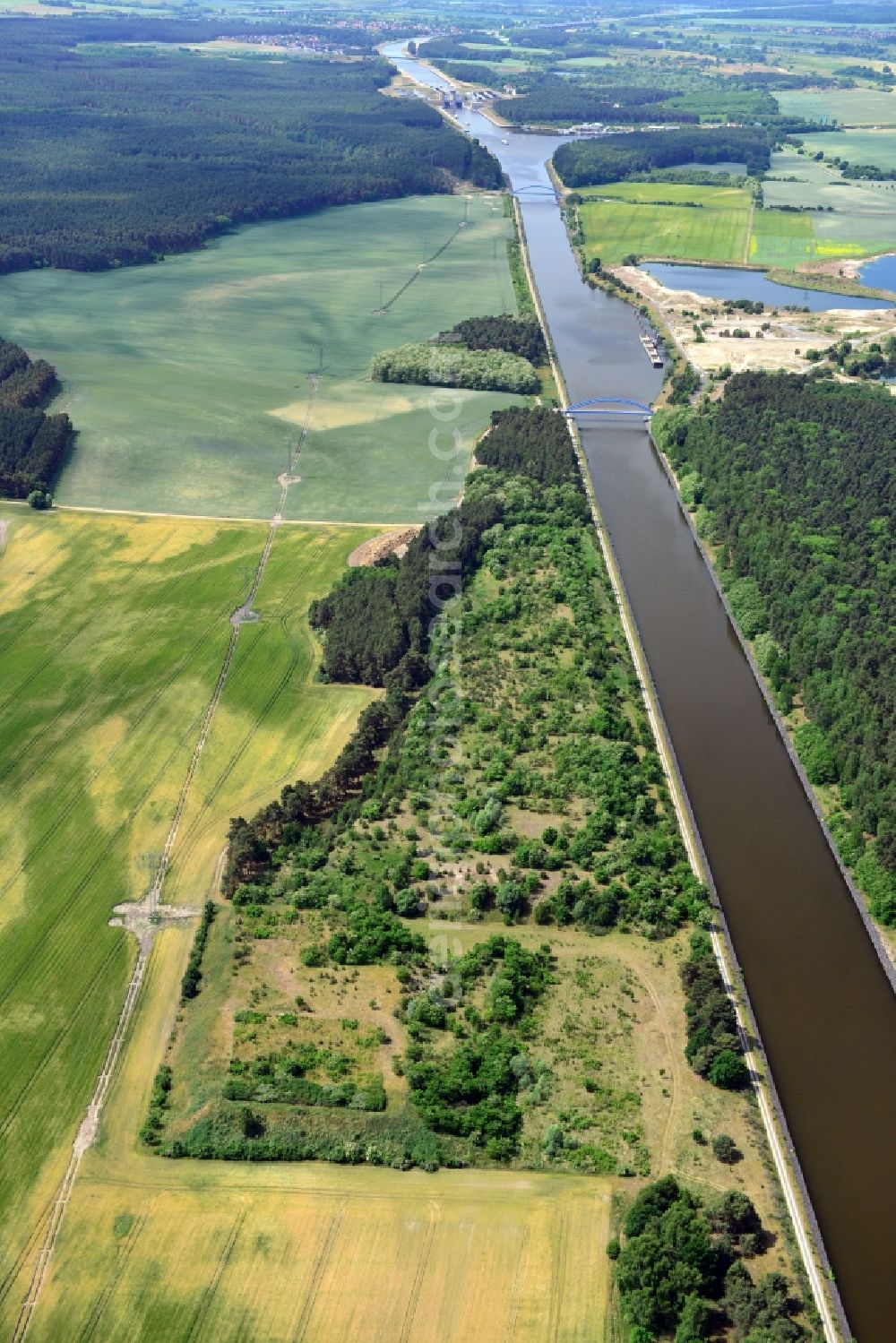 Niegripp from above - Deposition surfaces near by the Niegripp-Detershagen bridge over the Elbe-Havel-Canel in the state Saxony-Anhalt