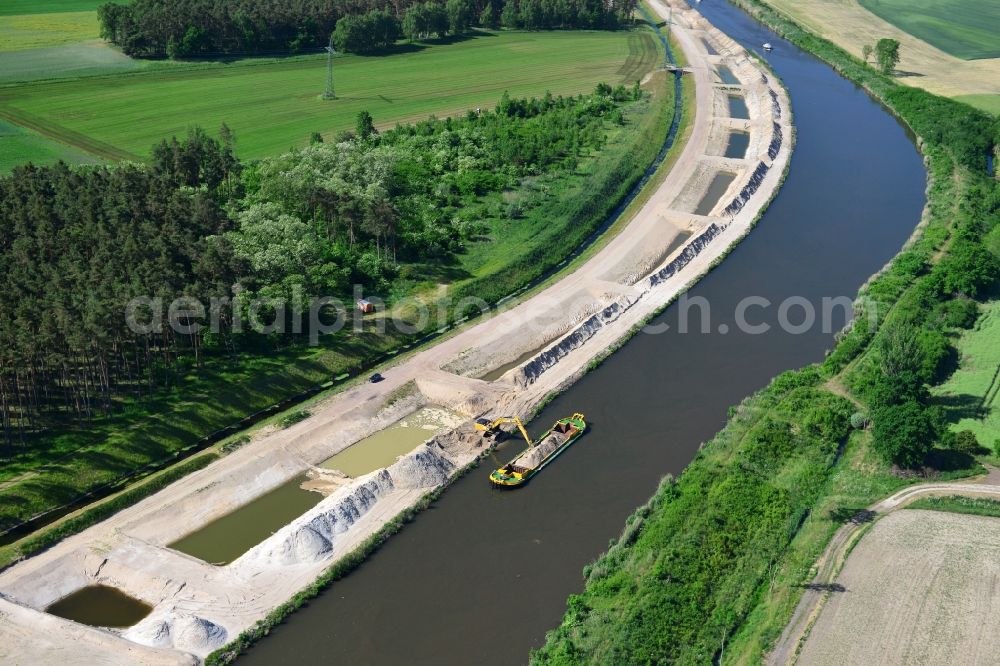 Aerial photograph Elbe-Parey - Deposition surfaces at the riverside of the Elbe-Havel Canal near by Ihleburg in Saxony-Anhalt