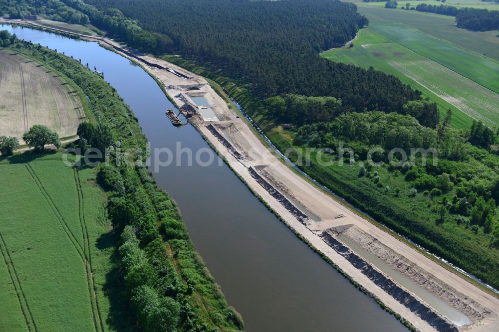 Elbe-Parey from the bird's eye view: Deposition surfaces at the riverside of the Elbe-Havel Canal near by Ihleburg in Saxony-Anhalt