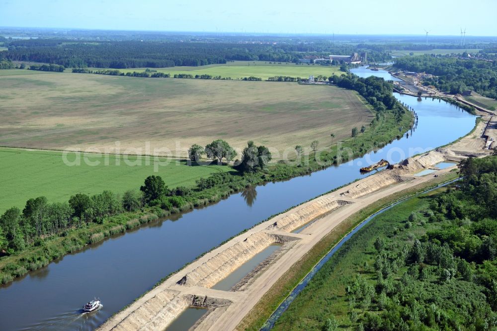 Elbe-Parey from the bird's eye view: Deposition surfaces at the riverside of the Elbe-Havel Canal near by Ihleburg in Saxony-Anhalt