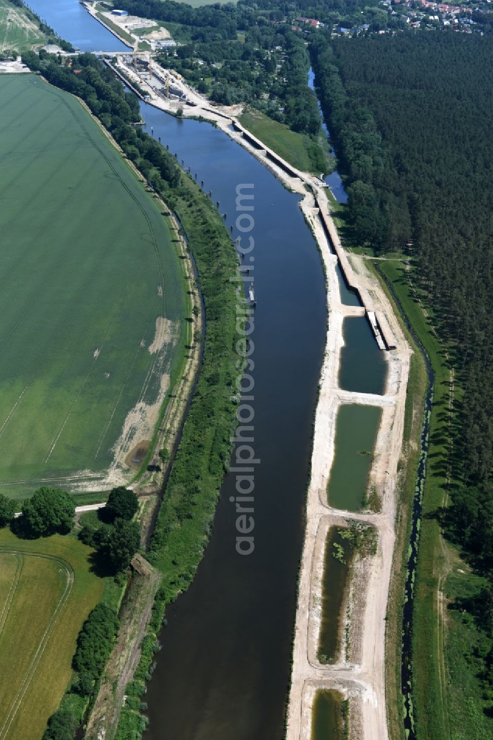 Elbe-Parey from above - Deposition surfaces at the riverside of the Elbe-Havel Canal between the Ihleburger bridge and the Zerben sluice in Saxony-Anhalt