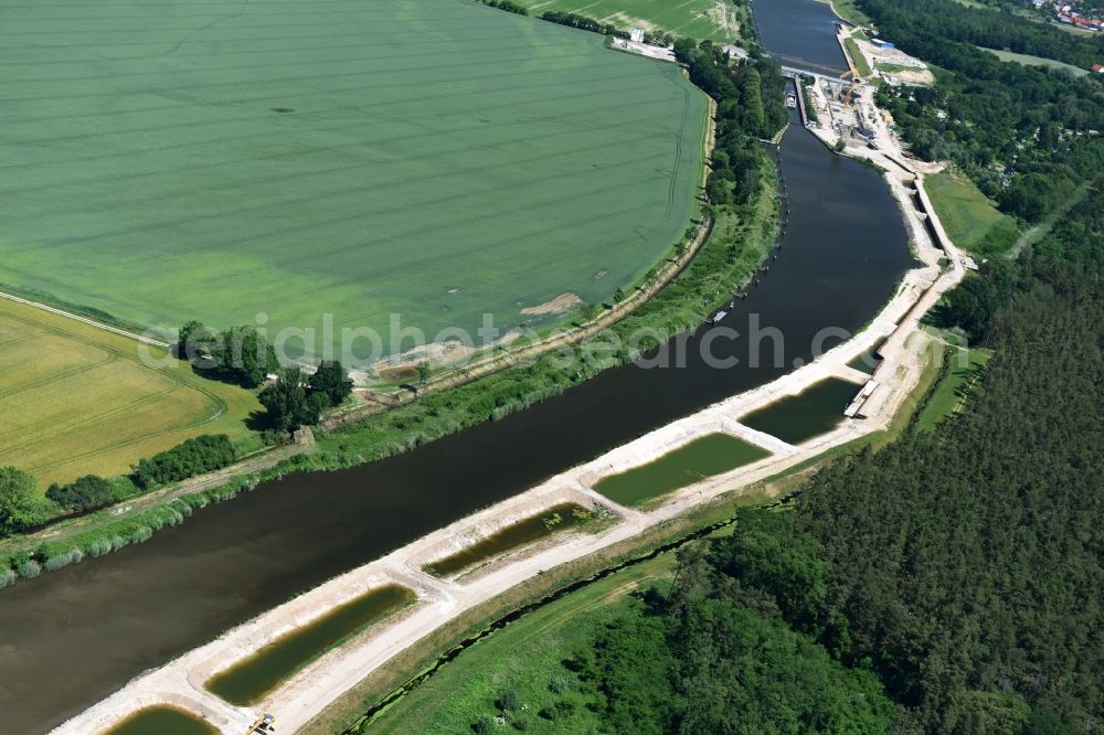 Elbe-Parey from the bird's eye view: Deposition surfaces at the riverside of the Elbe-Havel Canal between the Ihleburger bridge and the Zerben sluice in Saxony-Anhalt