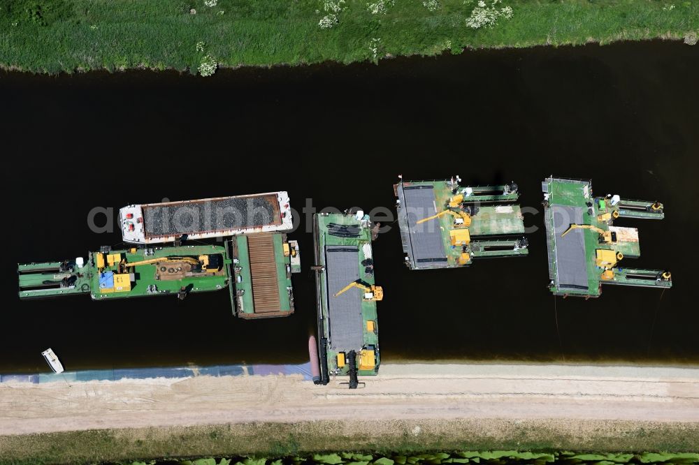 Elbe-Parey from the bird's eye view: Deposition surfaces at the riverside of the Elbe-Havel Canal between the Ihleburger bridge and the Zerben sluice in Saxony-Anhalt