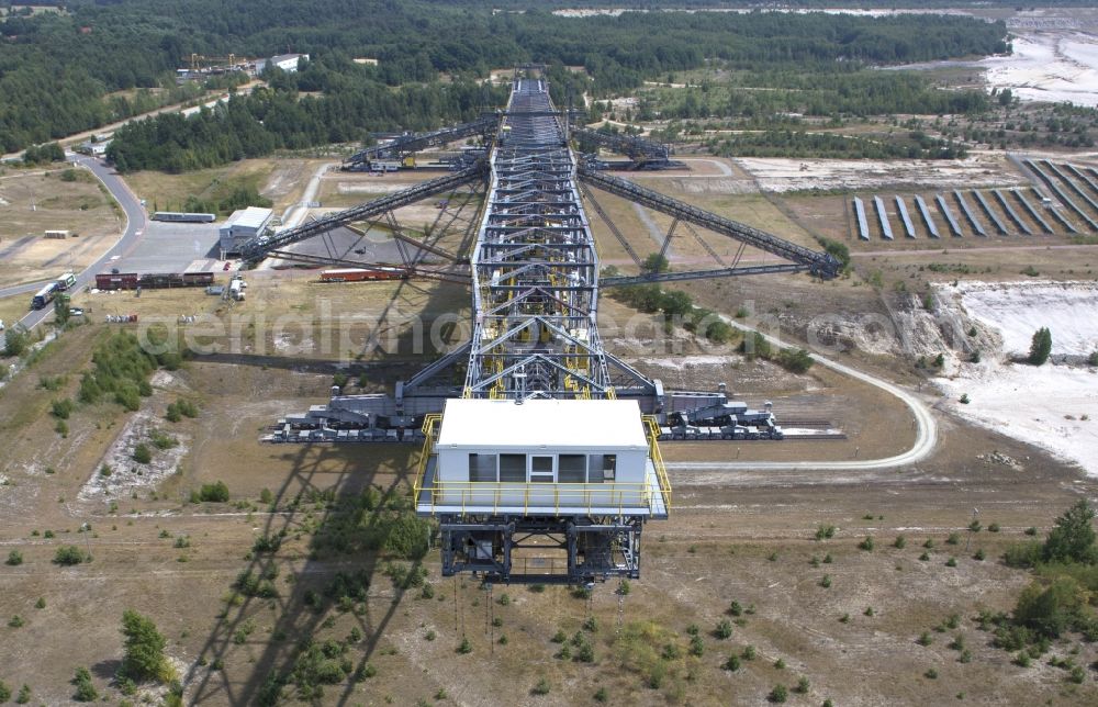 Lichterfeld from the bird's eye view: View conveyor bridge F60 in Besucherbergwerk of former coal mining area of Lusatia. field with lights in the state of Brandenburg