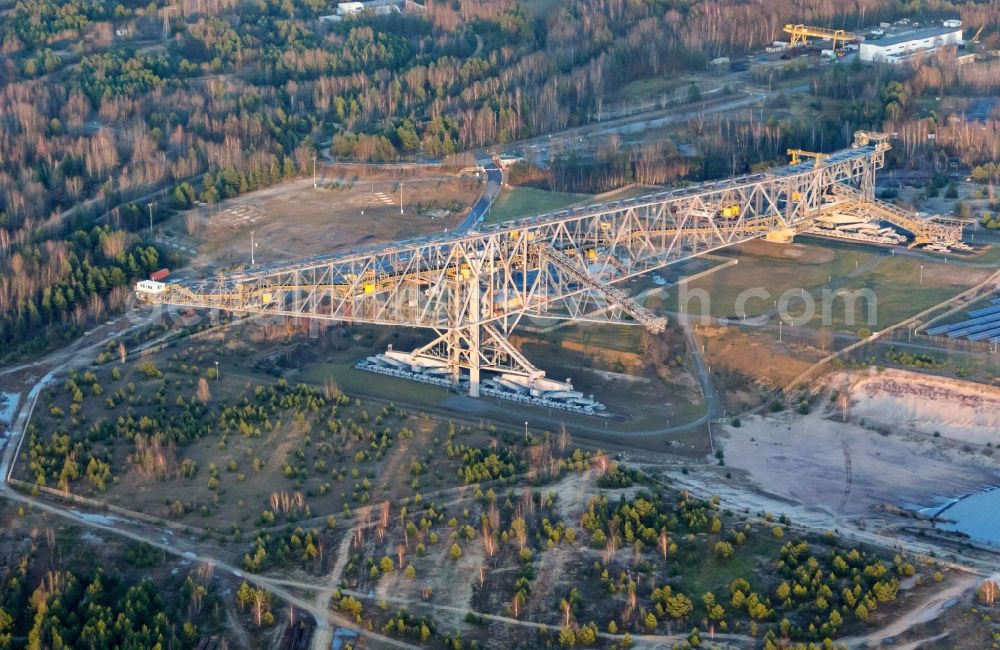 Lichterfeld-Schacksdorf from the bird's eye view: View conveyor bridge F60 in Besucherbergwerk of former coal mining area of Lusatia. field with lights in the state of Brandenburg