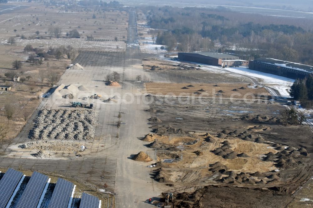 Aerial photograph Werneuchen - Demolition and unsealing work on the concrete surfaces the former storage areas and taxiways of the airfield in Werneuchen in the state Brandenburg