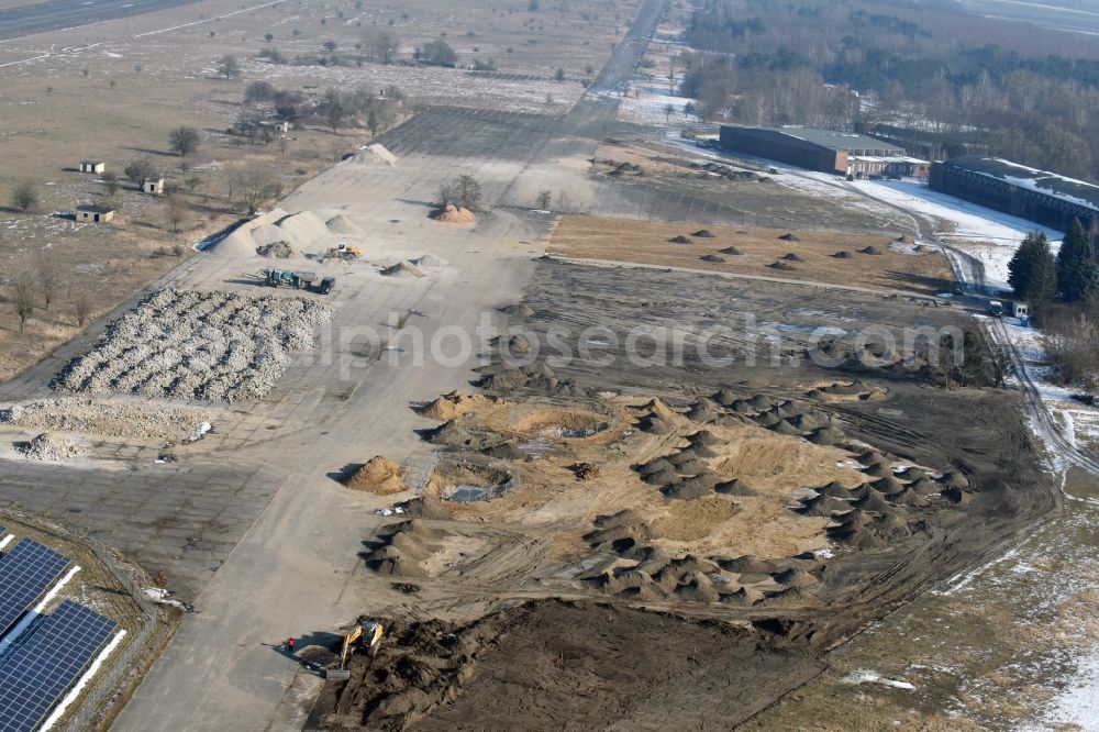 Werneuchen from above - Demolition and unsealing work on the concrete surfaces the former storage areas and taxiways of the airfield in Werneuchen in the state Brandenburg