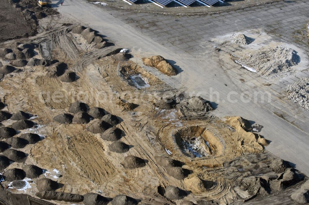 Aerial image Werneuchen - Demolition and unsealing work on the concrete surfaces the former storage areas and taxiways of the airfield in Werneuchen in the state Brandenburg