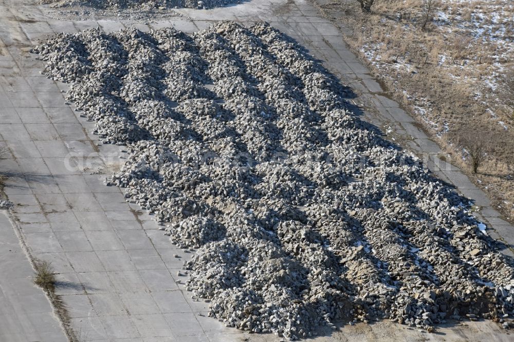 Werneuchen from above - Demolition and unsealing work on the concrete surfaces the former storage areas and taxiways of the airfield in Werneuchen in the state Brandenburg