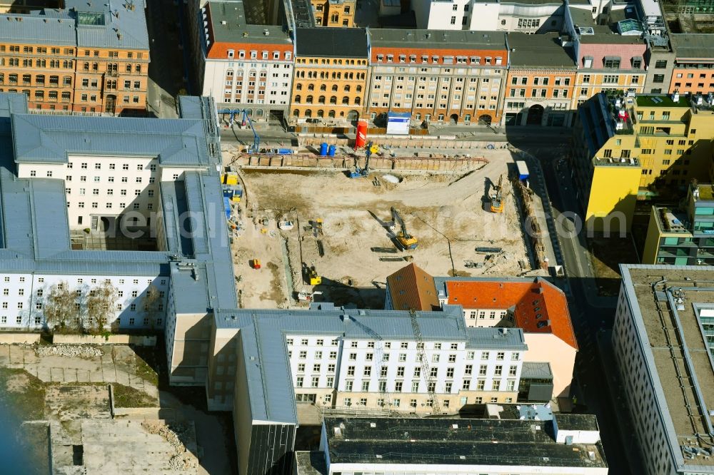 Aerial image Berlin - Demolition and unsealing work on the concrete surfaces the formerly Buero- and Geschaeftshaus on Dorotheenstrasse corner Schadowstrasse for the new building of an office building of Deutscher Bundestag in the district Mitte in Berlin, Germany